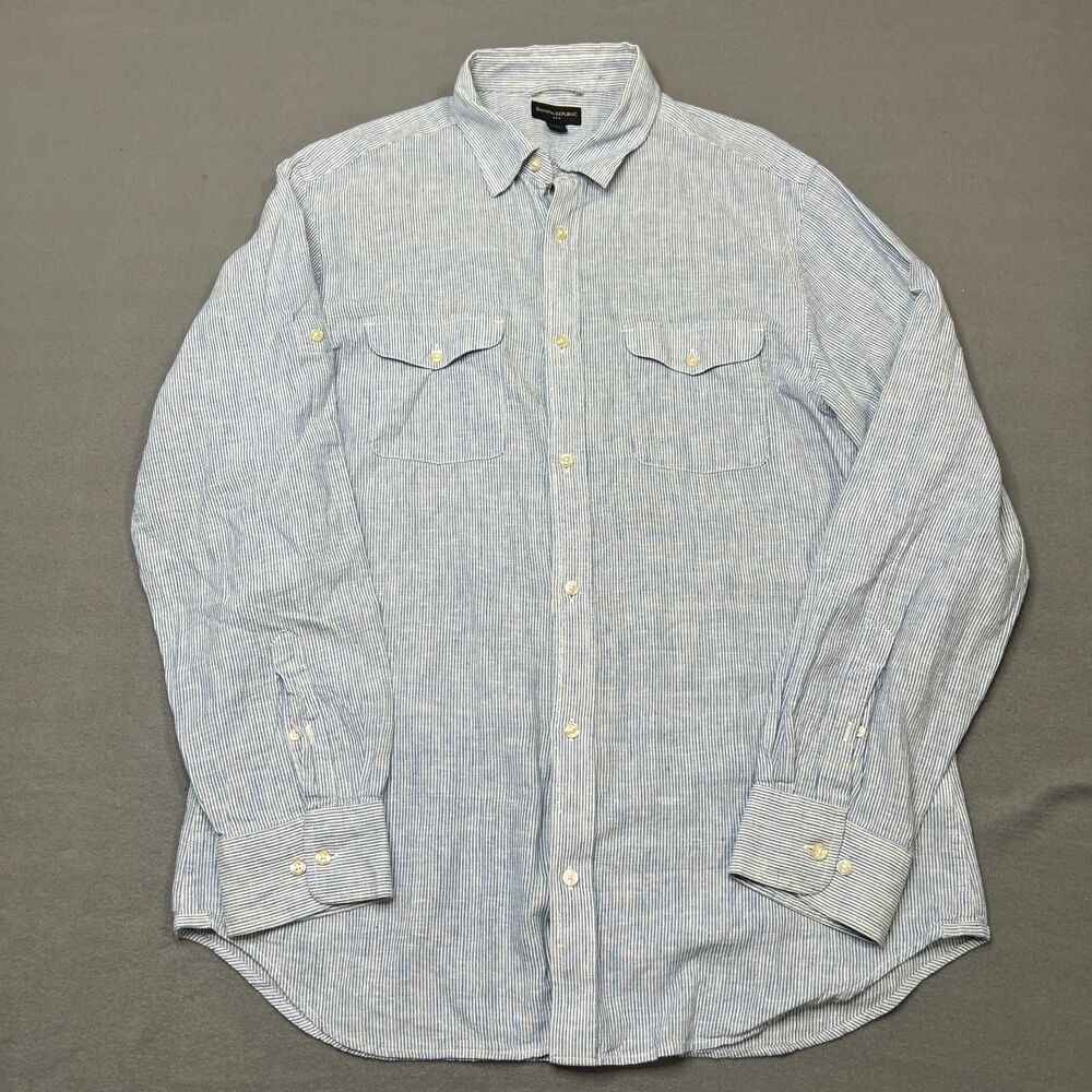 Banana Republic Shirt Men's XL Blue White Striped Linen Long Sleeve Button-Up